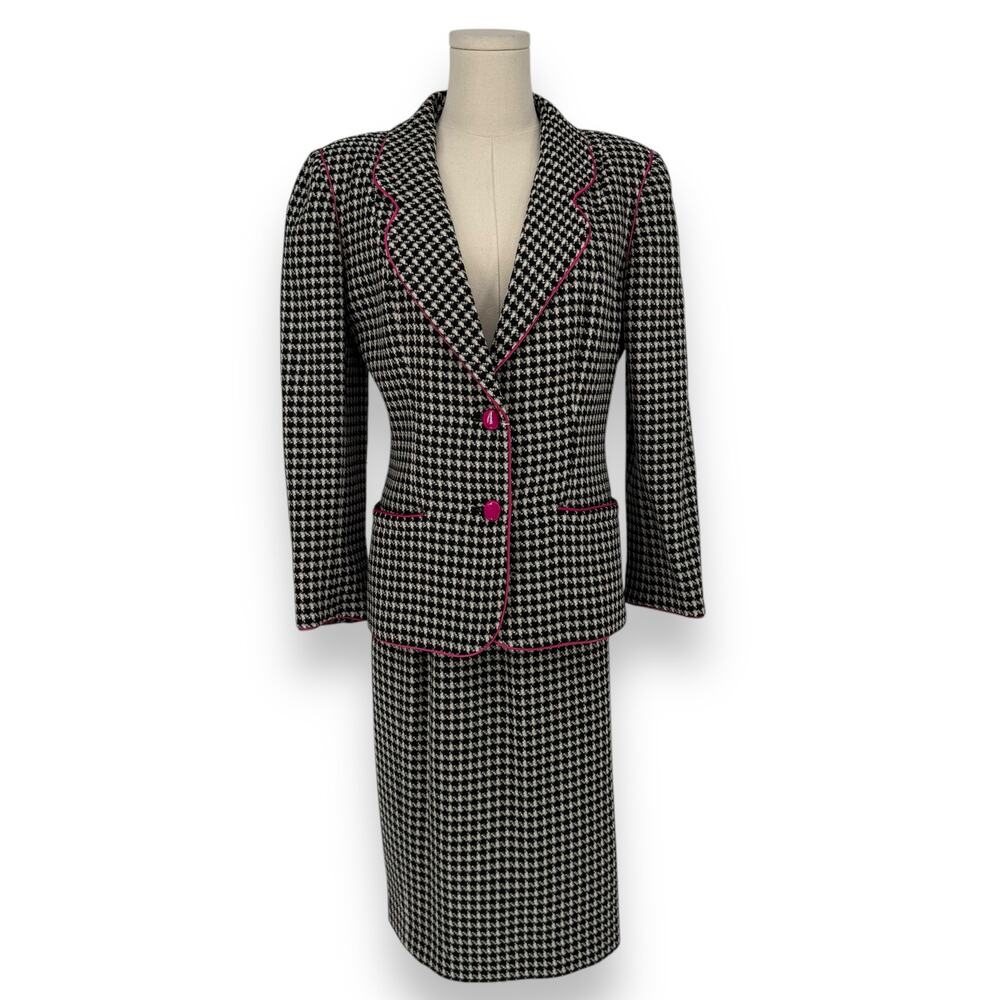 Vintage 1980s UNGARO Paris Houndstooth Blazer Skirt Set with Pink Trim, Size 6/8 - Picture 1 of 16